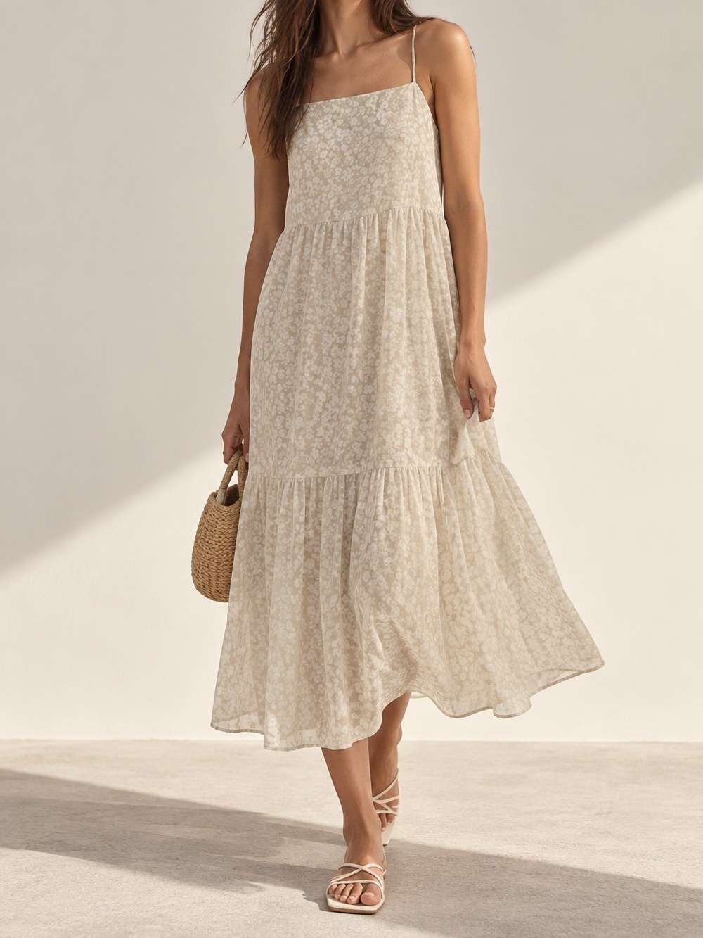 Oak & Fort Tiered Floral Midi Relaxed Fit Flowy Dress in Iris Print